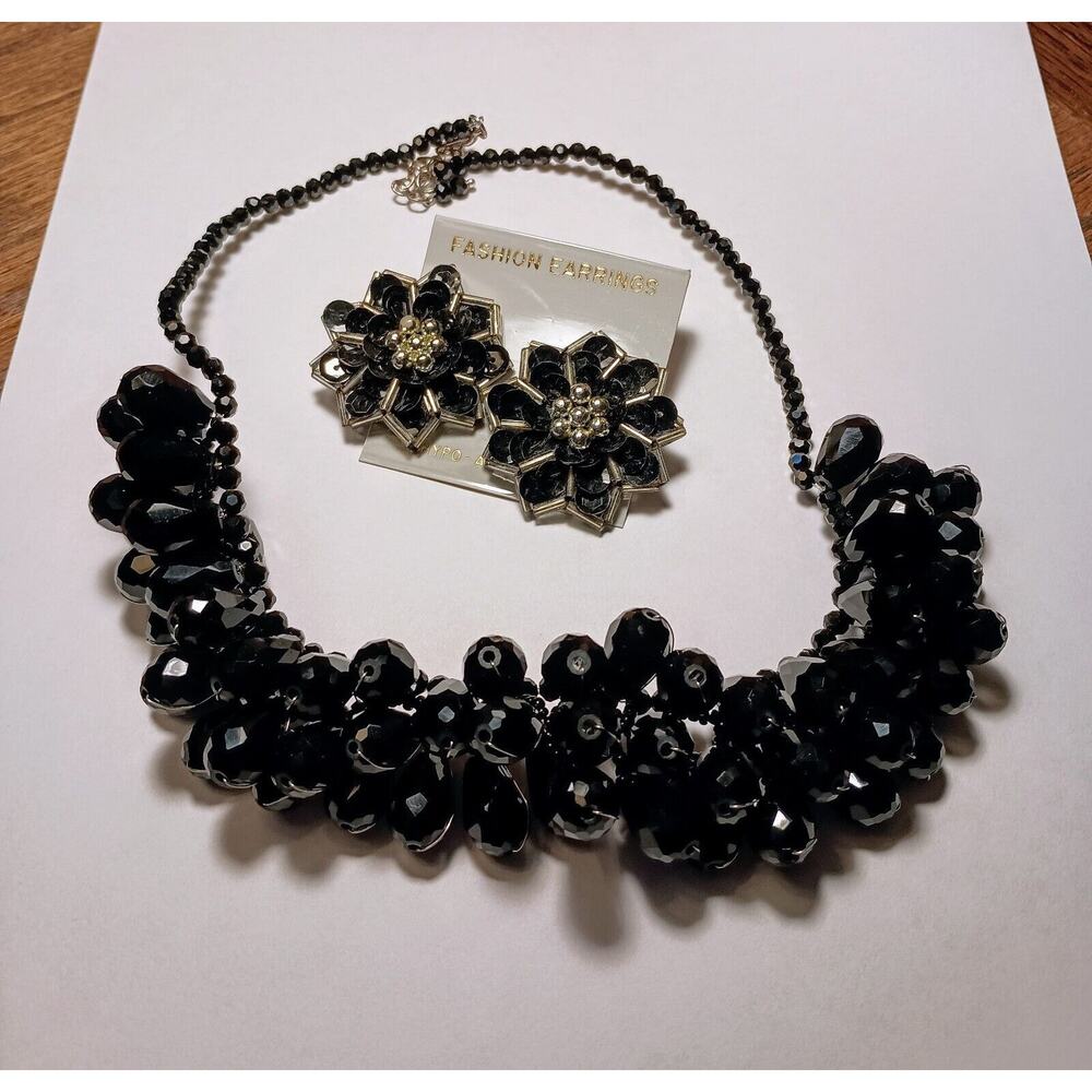 Black Glass Chunky Beaded Matinee Necklace And Vintage Black Sequin Earrings